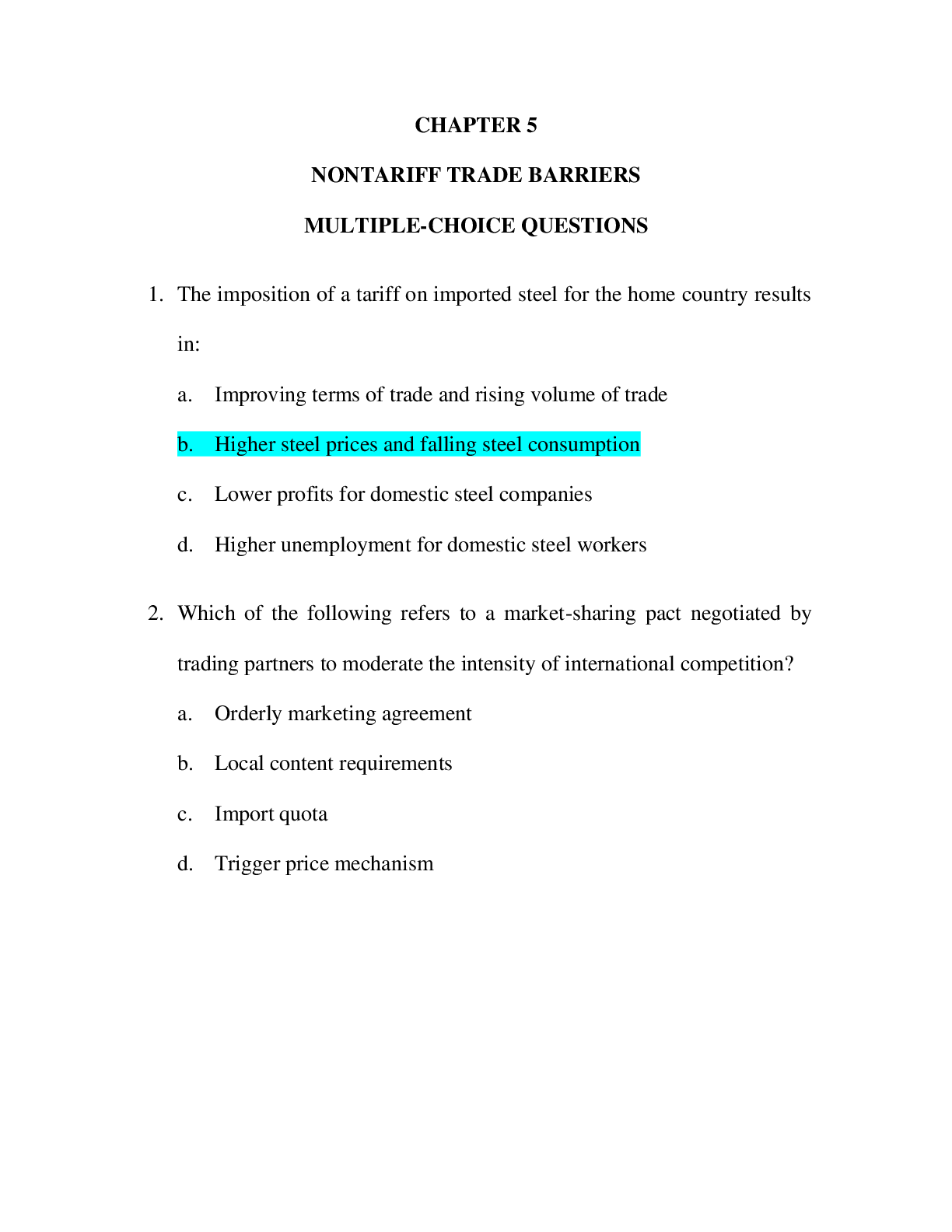 Preview image of ECON 101 CHAPTER 5 NONTARIFF TRADE BARRIERS MULTIPLE CHOICE QUESTIONS document